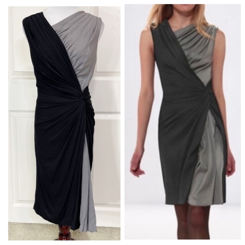 NWT! Tadashi Shoji Silk Black and Gray Faux Wrap Dress